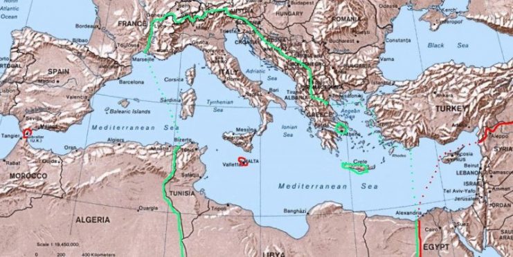 Greatest extent of Italian control of the Mediterranean littoral and seas (within green lines and dots) in the summer/autumn of 1942. Allied-controlled areas are in red.