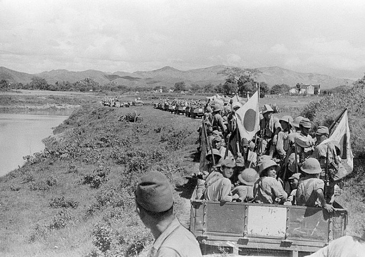 Japanese Imperial Army soldiers advance to Lang Son, in French Indochina.