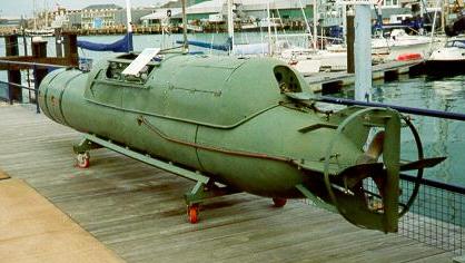 Italian Maiale manned torpedo “Siluro San Bartolomeo” displayed at the Royal Navy Submarine Museum, Gosport, UK.