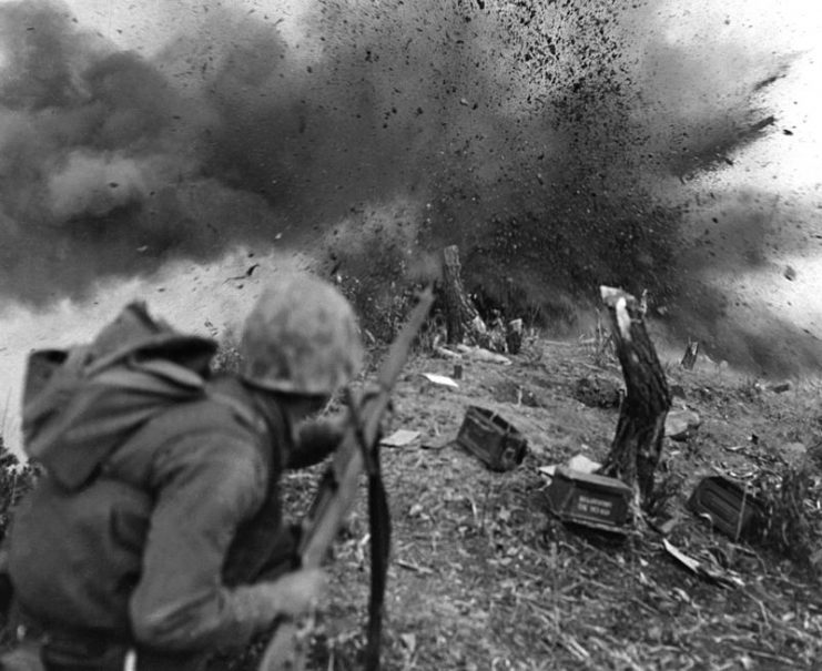 Enemy bunkers are demolished with grenades and planted charges in the current motion on the Korean front.