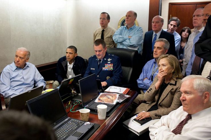 The U.S. national security team gathered in the White House Situation Room to monitor the progress of Operation Neptune Spear (see also Situation Room)