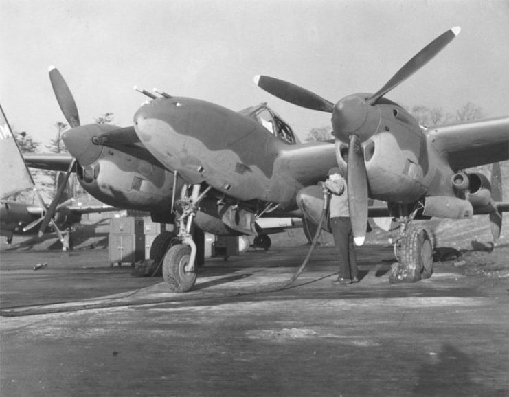 A P-38 being refueled