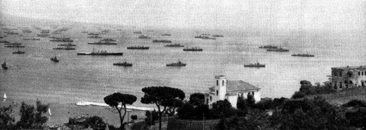 Part of the invasion fleet of “Operation Dragoon”, the invasion of Southern France, off the French Mediterranean coast, circa in August 1944.