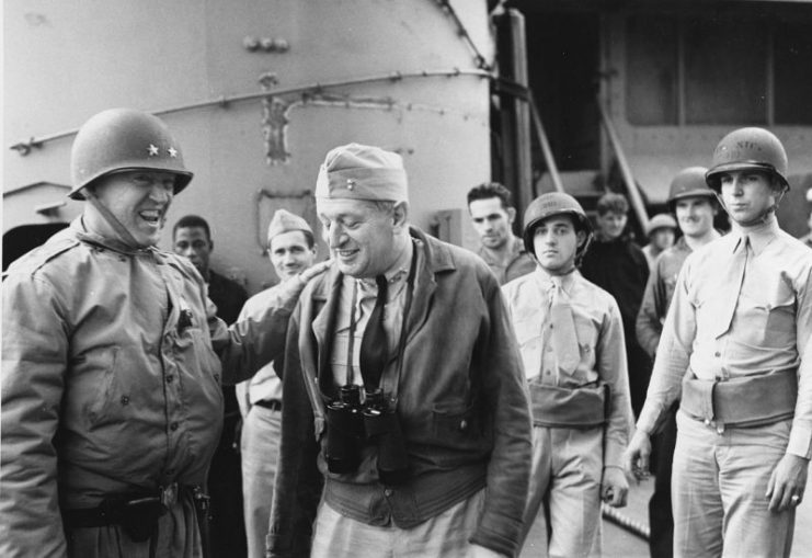 Patton (left) with Rear Admiral Henry Kent Hewitt aboard USS Augusta, off the coast of North Africa, November 1942