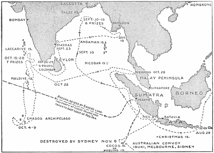Route taken by Emden during her commerce raiding operations