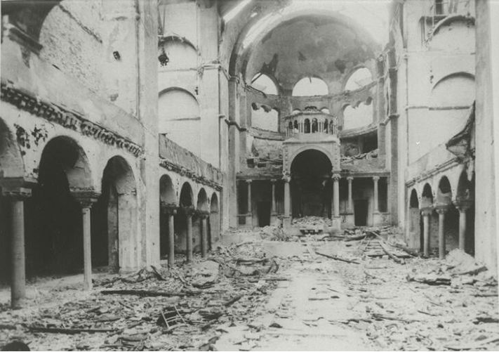Interior view of the destroyed Fasanenstrasse Synagogue, Berlin, burned on Kristallnacht; November Pogroms.