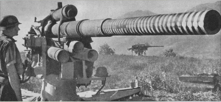 88 mm battery FlaK, the deadly German anti-aircraft pieces used with considerable success even for anti-tank shooting. Notice the white stripes on the cannon in the foreground, indicating the number of planes and destroyed enemy tanks.