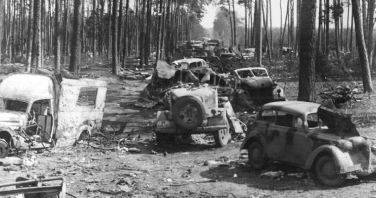 A destroyed German Army convoy near Spree Forest, April 1945