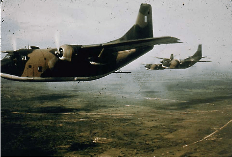 Provider‖ with its Modular Internal Spray System was the ―workhorse‖ for RANCH HAND. This high-wing, twin-engine assault transport had excellent low speed maneuverability, and the high-mounted wings allowed convenient positioning of wing spray booms. Note the spray boom mounted aft of the cargo door and near the tail of the aircraft (Photograph courtesy of J. Ray Frank, Frederick, Maryland)