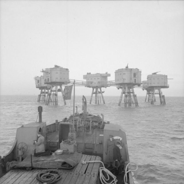 Maunsell sea fort in the Thames Estuary, manned by Anti-Aircraft Command crews.