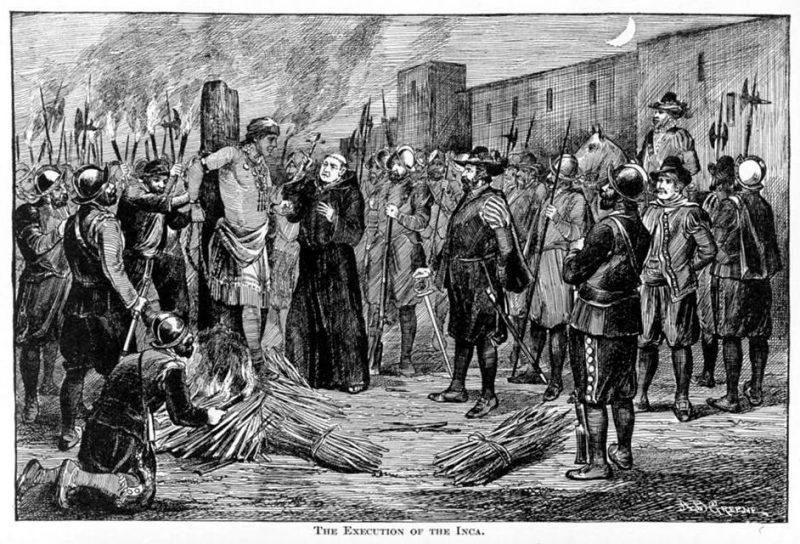 The execution of the Inca. Spaniards burning Atahualpa, Inca ruler, at a stake, with a  monk holding crucifix to the right of Inca.