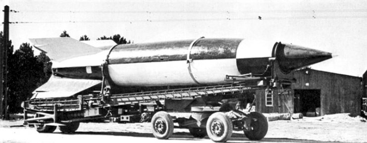 V-2 rocket on Meillerwagen at Operation Backfire near Cuxhaven in 1945.