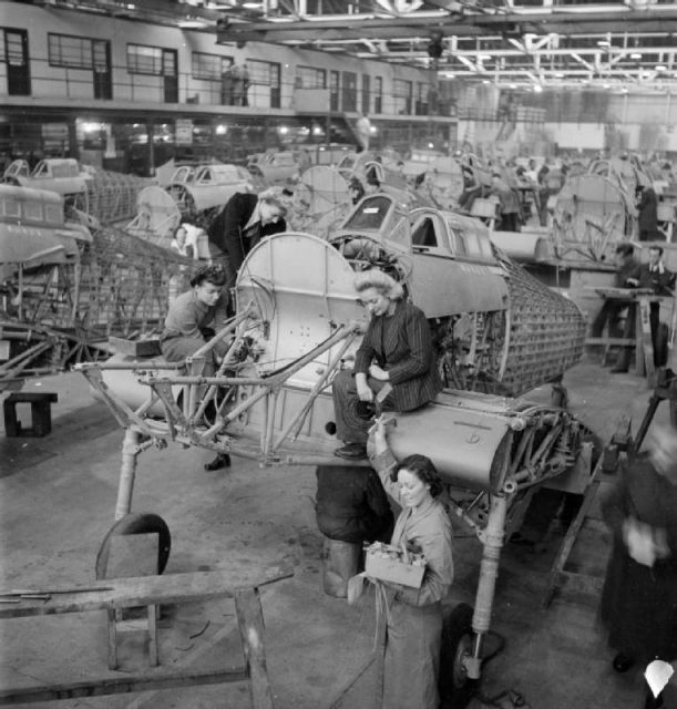Production of Hurricane fighter aircraft at a factory in Britain, in 1942.