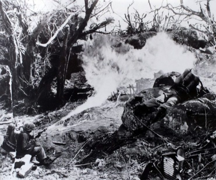 Flamethrower in Tarawa jungle