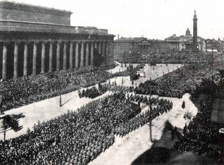 The inspection of the Liverpool Pals by Lord Kitchener in front of St George’s Hall, Liverpool, 20 March 1915.