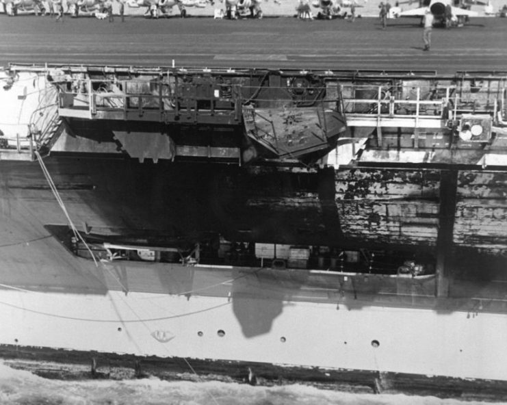 A view of damage sustained by the carrier John F. Kennedy when she collided with the cruiser USS Belknap