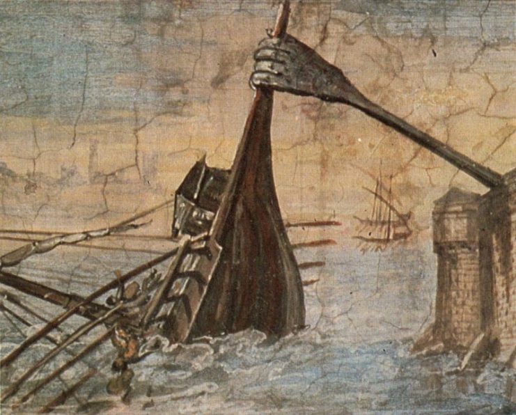 The famous Claw of Archimedes as imagined by the Renaissance artist Giulio Parigi.