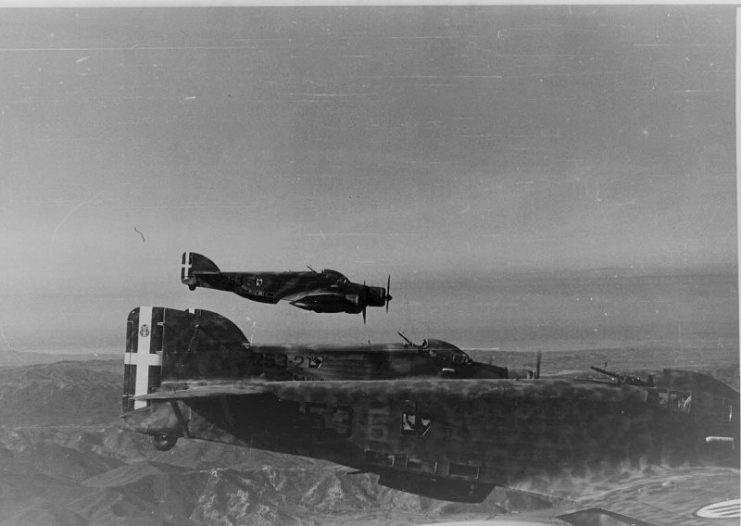 Italian Siai-Marchetti SM-79 bombers flying over Greek territory in the autumn of 1940.