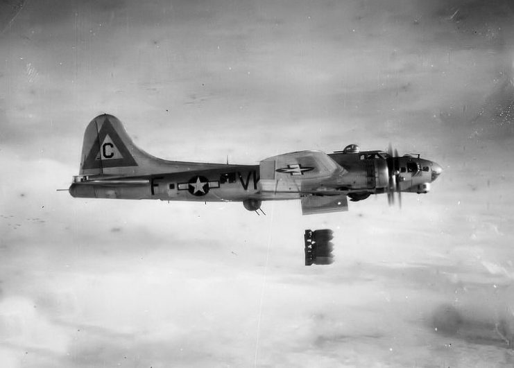 A 358th Bombardment Squadron B-17 on a bomb run