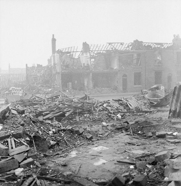 Bomb damage to a street in Birmingham after an air raid