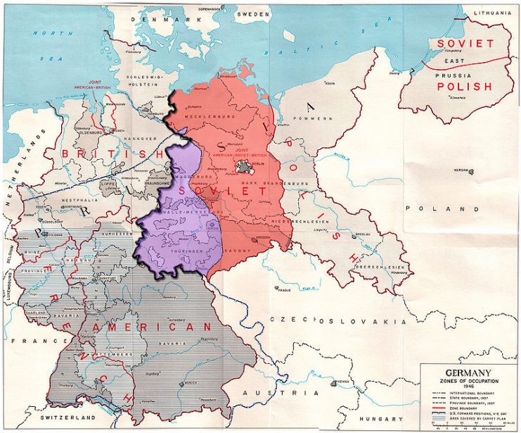 The Allied zones of occupation in post-war Germany, highlighting the Soviet zone (red), the inner German border (heavy black line) and the zone from which British and American troops withdrew in July 1945 (purple).