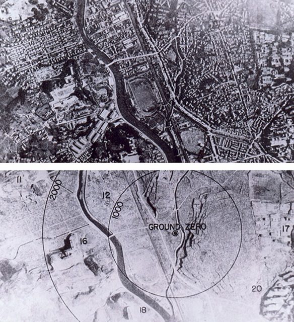 Nagasaki before and after the bombing and the fires had long since burnt out