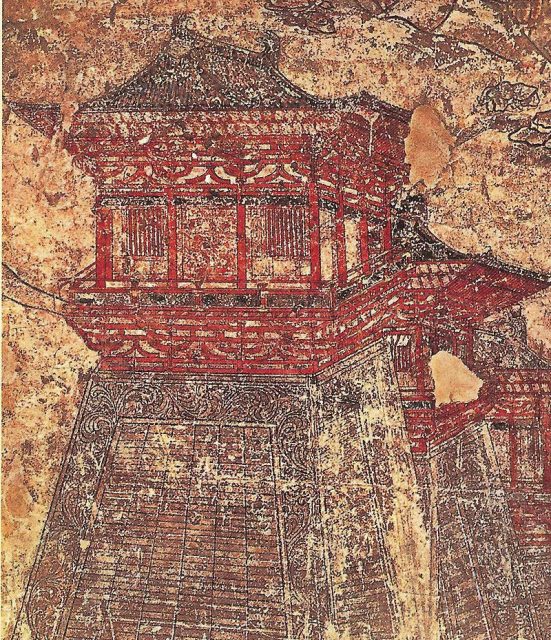 Que towers along the walls of Tang-era Chang’an, as depicted in this 8th-century mural from Li Chongrun’s (682–701) tomb at the Qianling Mausoleum in Shaanxi.