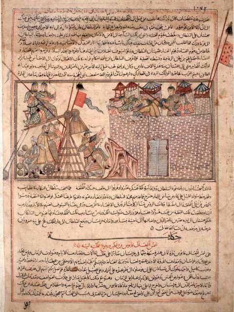 A city under Mongol siege. From the illuminated manuscript of Rashid al-Din’s Jami al-Tawarikh. Edinburgh University Library.