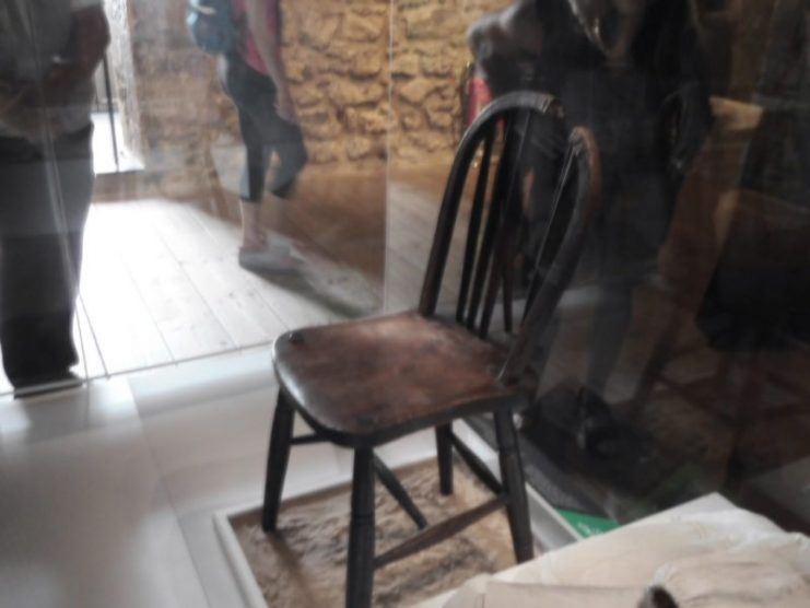Chair in which Josef Jakobs sat when he was executed by firing squat August 15, 1941 at the Tower of London. The chair is at the Tower. Photo by Hu Nhu