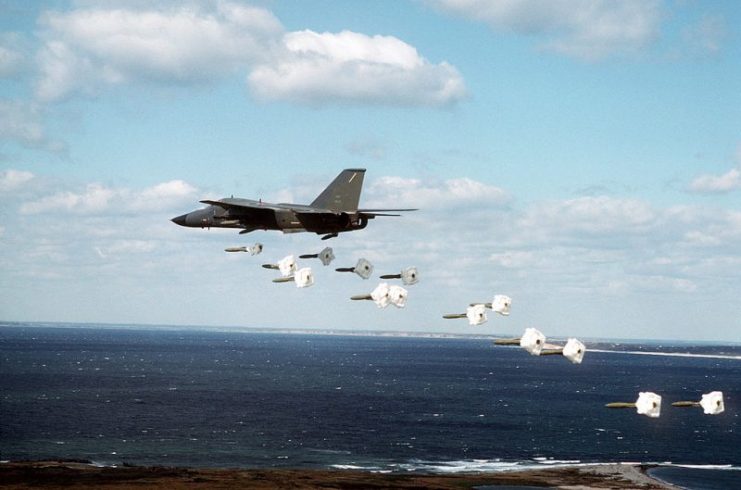 FB-111A from the 509th Bombardment Wing dropping Mark 82 practice bombs during a training mission over the island.