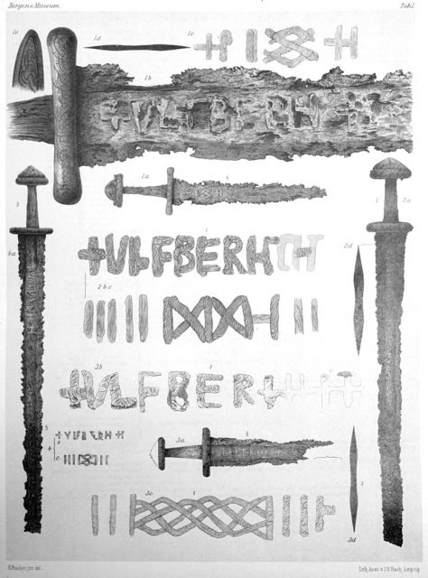 Four Ulfberht swords found in Norway (drawings from Lorange 1889)