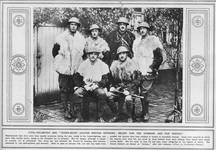 Illustrated War News Nov 1915, a picture of officers wearing new Brodie helmets.
