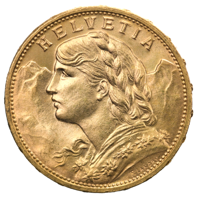 Image side of the 20 Swiss franc gold coin “Vreneli”. Photo: CoinInvest GmbH CC BY-SA 4.0