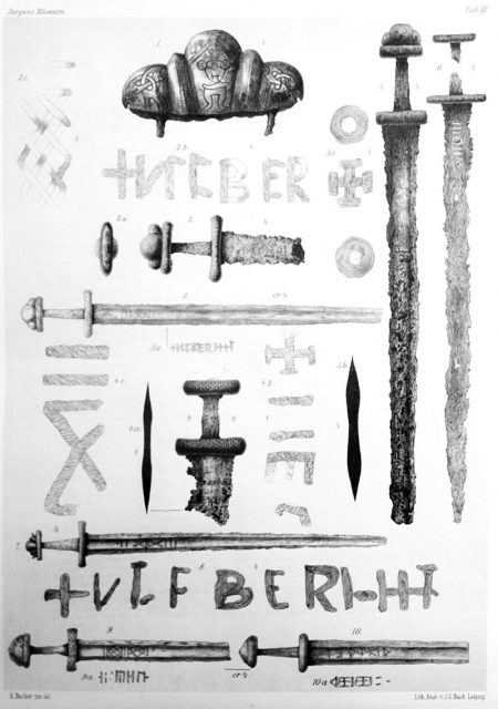 Lorange (1889) Table III, Viking Age swords found in Norway (mostly in Bergen Museum).
