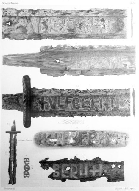 Lorange (1889) Table II, Ulfberht swords from Bergen Museum.