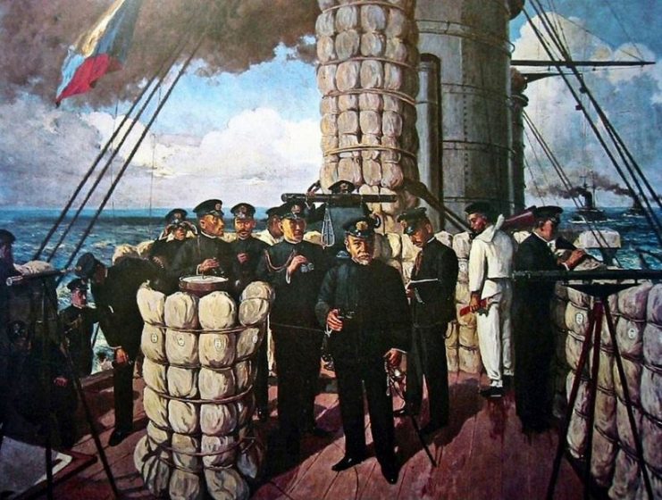 Admiral Tōgō on the bridge of Mikasa, at the beginning of the Battle of Tsushima in 1905. The signal flag being hoisted is the letter Z, which was a special instruction to the Fleet.