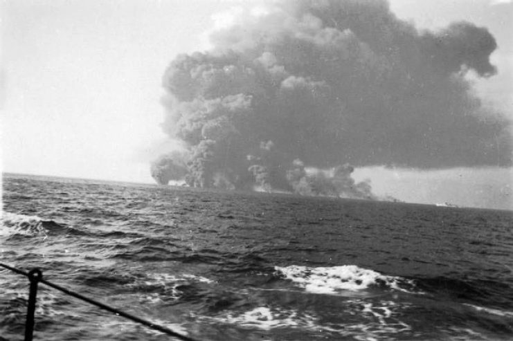 OPERATION PEDESTAL, 13 August 1942.Air Attacks, The merchant ship WAIMARAMA explodes after being bombed
