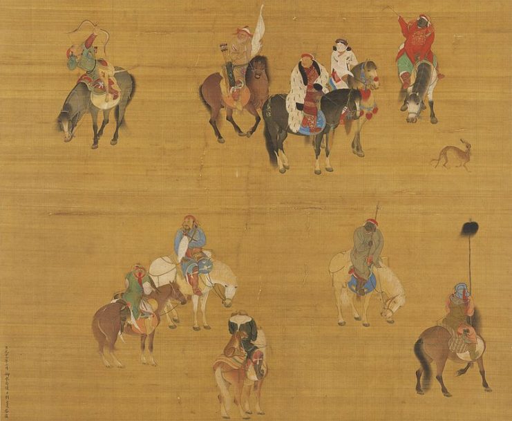 Painting of Kublai Khan on a hunting expedition with guards, by court artist Liu Guandao, c. 1280.