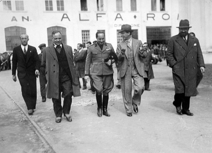 Italian fascists Starace (center) and Italo Balbo (first from right) at the Alfa Romeo factory.