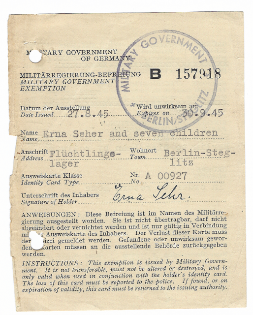 The slip of paper issued to Erna Sehr and her seven children, refugees in a Berlin Refugee Camp in 1945.