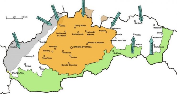 German invasion of Slovakia in 1944. Green, yellow and brown colors – lands stolen by Hungary, Germany, and Poland in 1938. Gray color – German Protection Zone agreed upon with fascist Slovakia. White color – no man’s land at the beginning of the Uprising. Orange color – Insurgent Territory held by the 1st Czechoslovak Army in Slovakia and partisans.