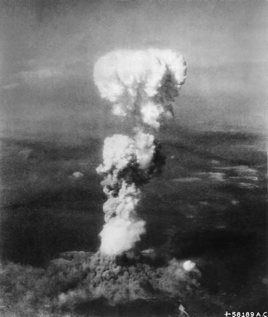 The mushroom cloud over Hiroshima after the dropping of Little Boy.