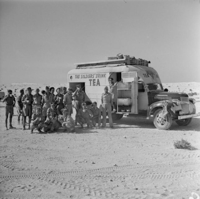 The British Army in North Africa 1942 – A mobile tea canteen in the forward area, July 31, 1942.