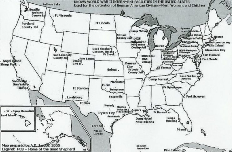 This is a map depicting the known internment sites in which German Americans were interned during World War II. Photo: CrystalCity1945 CC BY-SA 3.0
