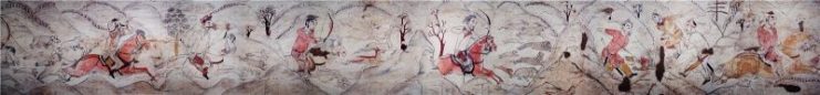 Murals from a tomb of Northern Qi Dynasty (550-577 AD) in Jiuyuangang, Xinzhou, showing a rural hunting scene on horseback