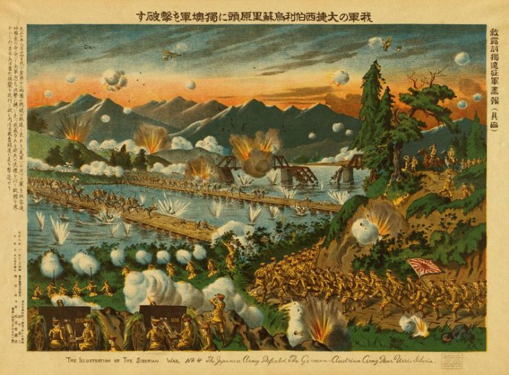A Japanese lithograph depicting Japan’s troops attacking the German colony of Tsingtao in 1914
