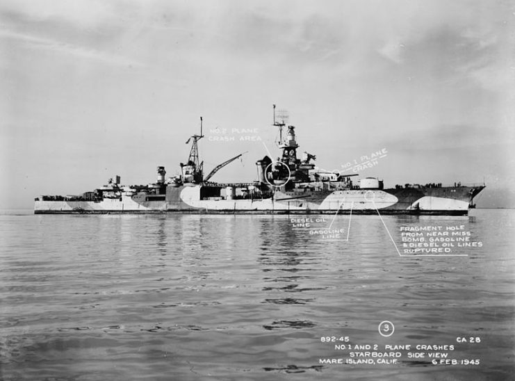 The U.S. Navy heavy cruiser USS Louisville (CA-28) arrives off the Mare Island Naval Shipyard, California (USA), on 6 February 1945 to receive repairs for damage inflicted by two Kamikazes a month earlier.