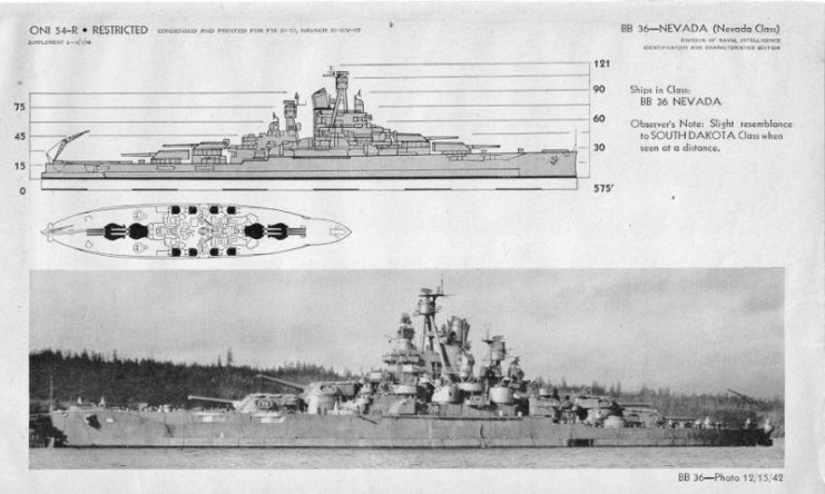 Division of Naval Intelligence identification sheet depicting Nevada after her 1942 repair and modernization