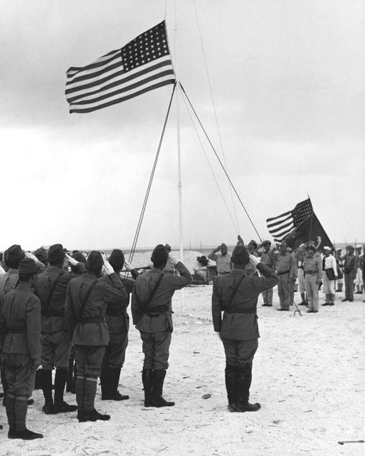 The formal surrender of the Japanese garrison on Wake Island on 4 September 1945. Shigematsu Sakaibara is the officer in the right foreground.