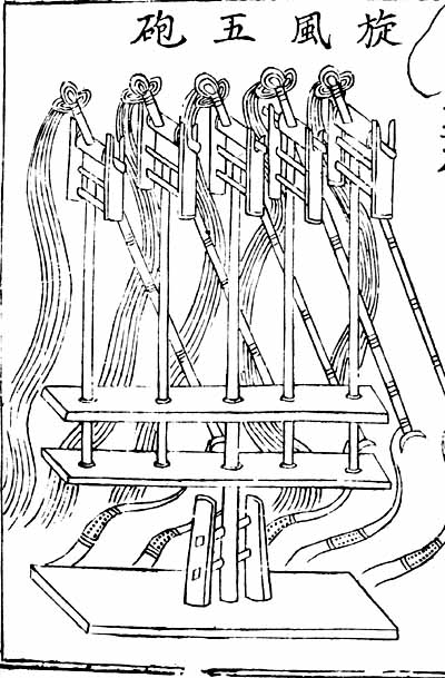 Xuanfengwupao (旋風五砲) from the Wujingzongyao. Five traction trebuchets.